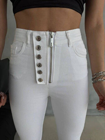 DÜĞME VE FERMUARLI KOT PANTOLON - Beyaz
