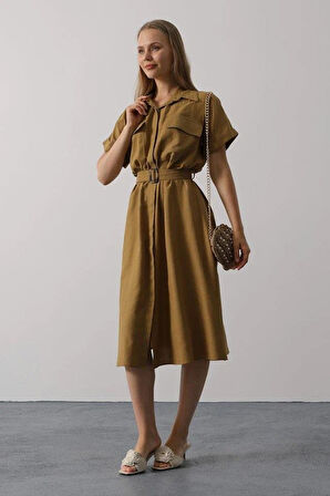 Kuşaklı Cep Detaylı Yarım Kol Elbise - Yağ Yeşili