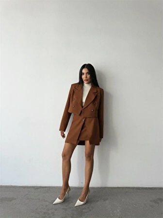 DÜĞME DETAYLI ETEK - CROP CEKET TAKIM - Kahverengi