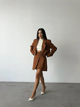 DÜĞME DETAYLI ETEK - CROP CEKET TAKIM - Kahverengi