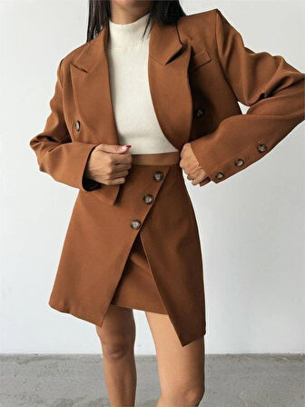 DÜĞME DETAYLI ETEK - CROP CEKET TAKIM - Kahverengi