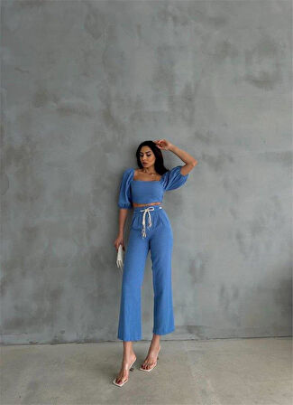KETEN CROP KARPUZ KOL BLUZ-PANTOLON HASIR KEMERLİ - Mavi