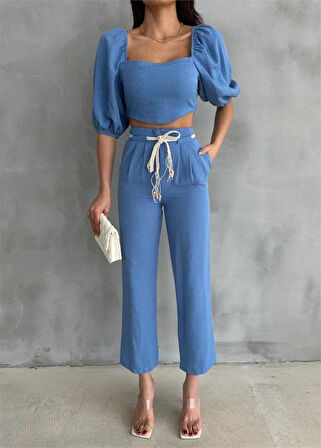 KETEN CROP KARPUZ KOL BLUZ-PANTOLON HASIR KEMERLİ - Mavi