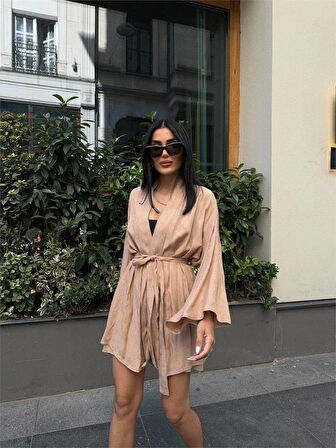 JAKARLI KİMONO - ŞORT TAKIM - Bej