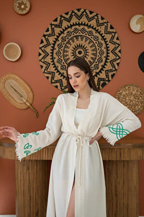 Yeşil Baskı Detay Keten Hırka