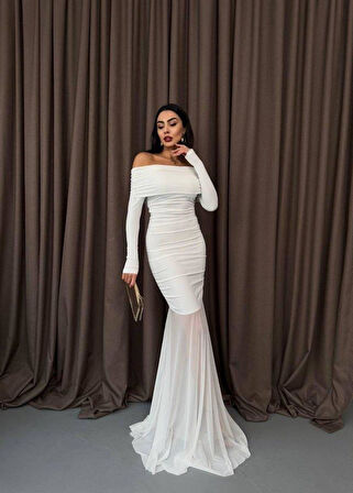 Tül Detaylı Straplez Elbise