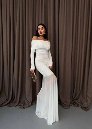 Tül Detaylı Straplez Elbise