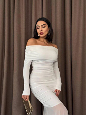 Tül Detaylı Straplez Elbise