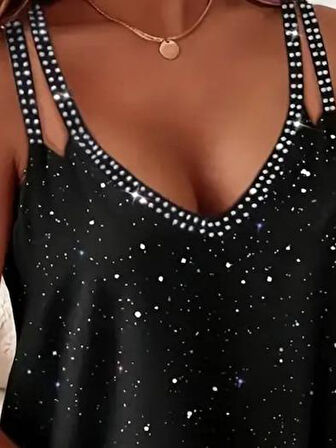 Kadın çift Askılı Derin V Yakalı Taşlı Sandy Bluz