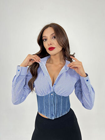 6963 GÖMLEK-MAVİ BEYAZ ÇİZGİLİ