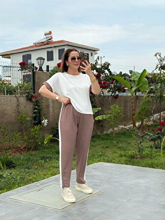 Kadın Modal Dokulu Kumaş Yanı şeritli Takım