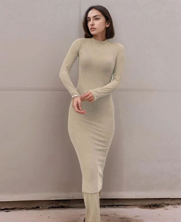 Kadın Yarım Balıkçı Yaka Süet Kumaş Fırsat ürün Midi Boy Elbise