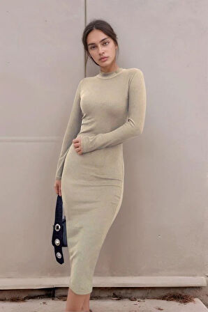 Kadın Yarım Balıkçı Yaka Süet Kumaş Fırsat ürün Midi Boy Elbise