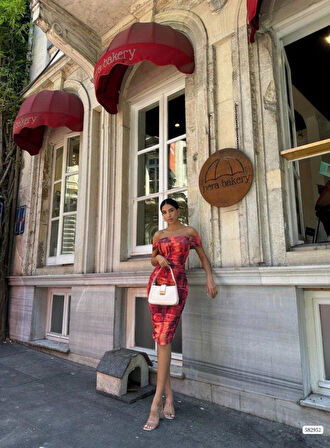 Kadın Madonna Yaka Dalga Desen Midi Boy şifon Elbise