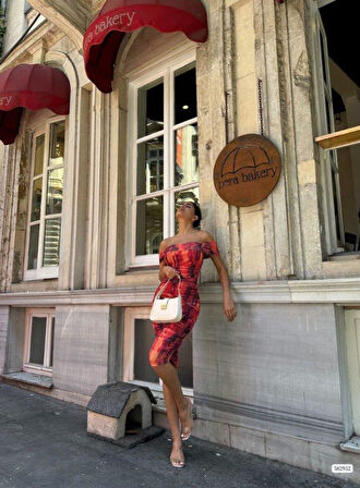 Kadın Madonna Yaka Dalga Desen Midi Boy şifon Elbise