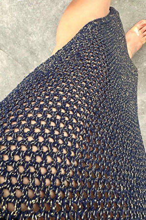 Simli Ajurlu Uzun Elbise - Lacivert-Sarı