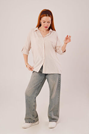 Cep Detay Çizgili Oversize Krem Gömlek