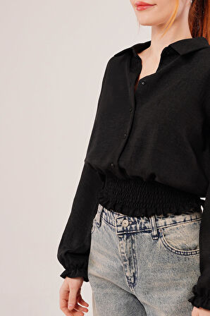 Bel Ve Bilek Lastikli Siyah Bluz