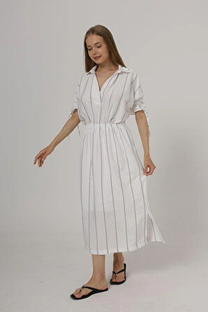 Beli Lastikli Elbise - Beyaz