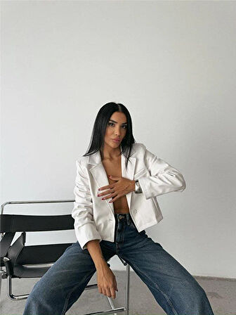 DERİ CROP CEKET TEK DÜĞME - Beyaz