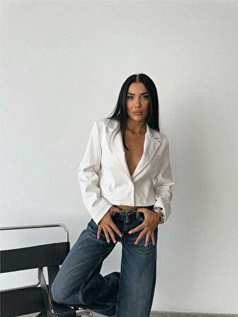 DERİ CROP CEKET TEK DÜĞME - Beyaz