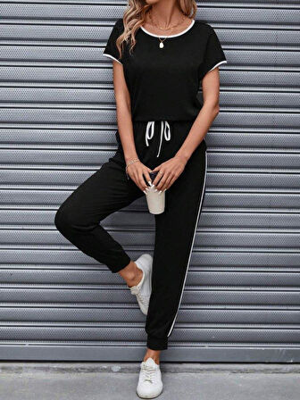 Kadın Kısa Kollu Kayık Yaka Viskon Iki Iplik Bluz Ve Bağcıklı Pantolon Ikili Takım