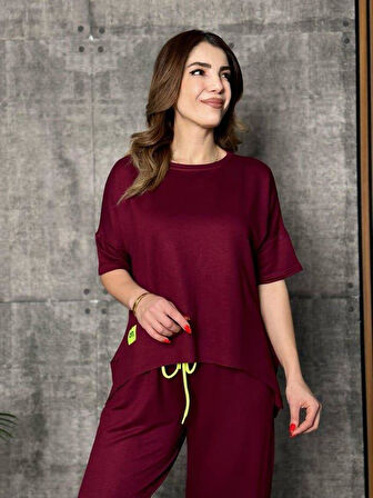 Kadın Kısa Kollu Bisiklet Yaka Viskon Iki Iplik Bluz Ve Pantolon Ikili Takım