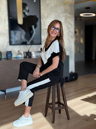 Kadın Kısa Kollu V Yaka Siyah Beyaz Renkli Viskon Iki Iplik Kumaş Eşofman Takımı