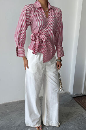 ÇİZGİLİ POPLİN KRUVAZE BAĞLAMALI GÖMLEK - Kırmızı