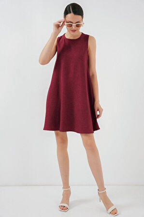 2444 Mini Keten Elbise - Bordo
