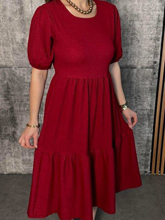 Kadın Kısa Kollu Yakası Açık Katlı Bürümcük Balon Elbise