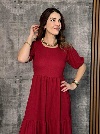 Kadın Kısa Kollu Yakası Açık Katlı Bürümcük Balon Elbise