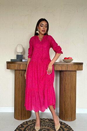 Fuşya Dantelli New Elbise