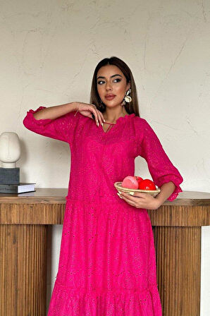 Fuşya Dantelli New Elbise