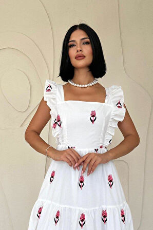 Fuşya Sıfır Kol Fırfırlı Elbise