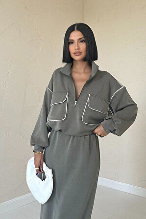 Haki Biyeli Sweatshirt Ve Etek Takım