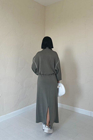 Haki Biyeli Sweatshirt Ve Etek Takım