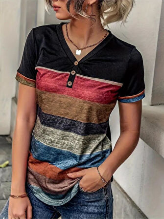 Kadın Kısa Kollu V Yakalı Düğmeli çok Renkli Süprem Bluz