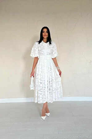 Ekru Kemerli Balon Kollu Elbise