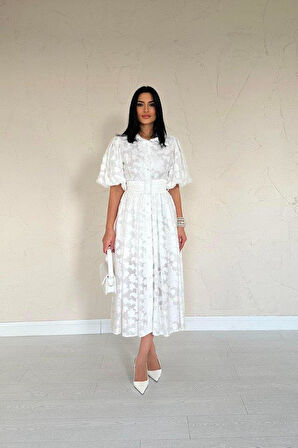 Ekru Kemerli Balon Kollu Elbise