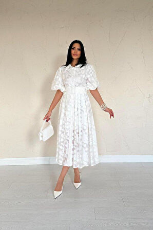 Ekru Kemerli Balon Kollu Elbise