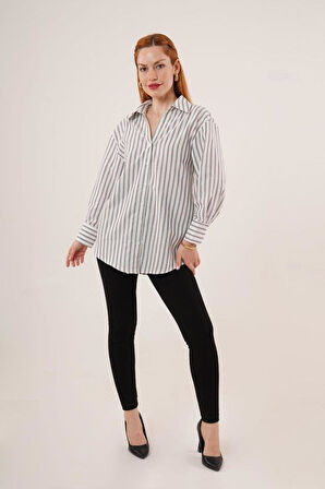 Çift Çizgi Geçişli Düğmeli Gri Gömlek