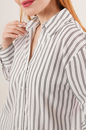 Çift Çizgi Geçişli Düğmeli Gri Gömlek