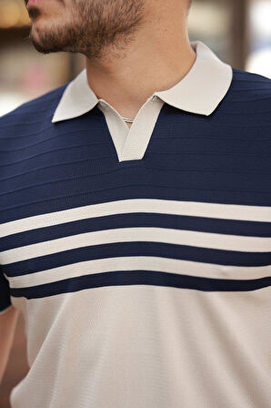 Erkek çizgi Desenli Yakalı Kısa Kollu T-shirt