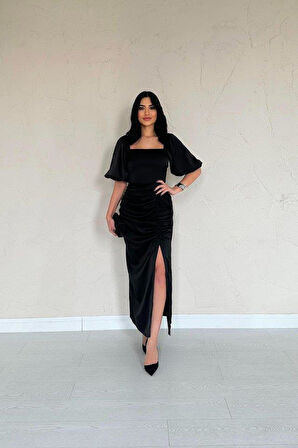 Siyah Büzgülü Saten Elbise