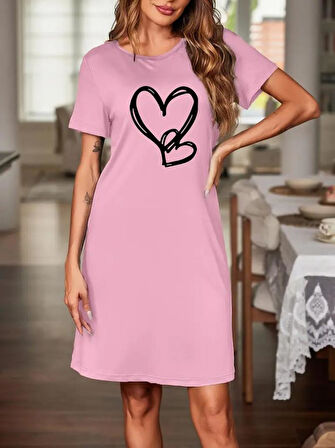 Kadın Kısa Kollu Bisiklet Yaka Kalp Desenli Viskon Elbise