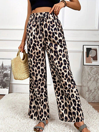 Kadın Yüksek Bel Beli Lastikli Bağcıklı Leopar Desenli Süprem Pantolon