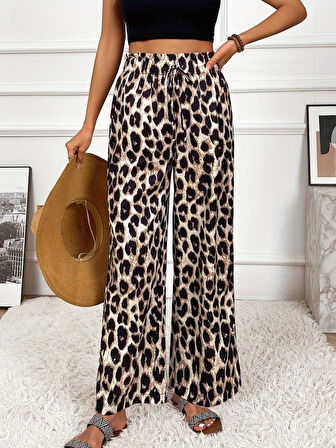 Kadın Yüksek Bel Beli Lastikli Bağcıklı Leopar Desenli Süprem Pantolon