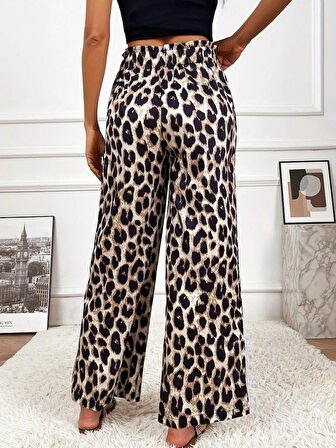 Kadın Yüksek Bel Beli Lastikli Bağcıklı Leopar Desenli Süprem Pantolon
