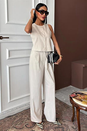 Yelek Plazzo Pantolon Çizgili Flamlı Poliviscon Takım 10178